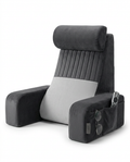 Gray velvet ergonomic bed rest pillow with armrests and neck bolster on white