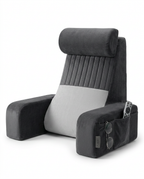 Gray velvet ergonomic bed rest pillow with armrests and neck bolster on white
