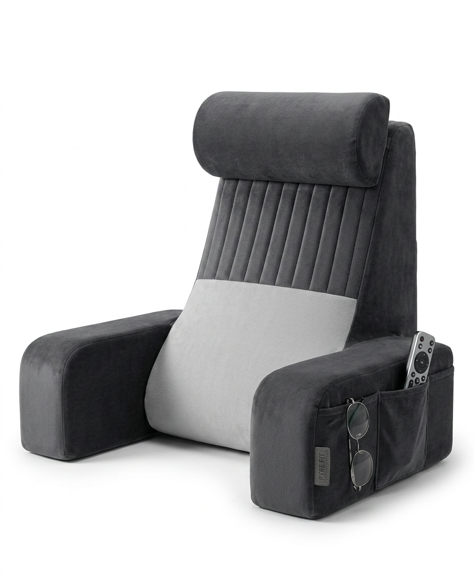 Gray velvet ergonomic bed rest pillow with armrests and neck bolster on white