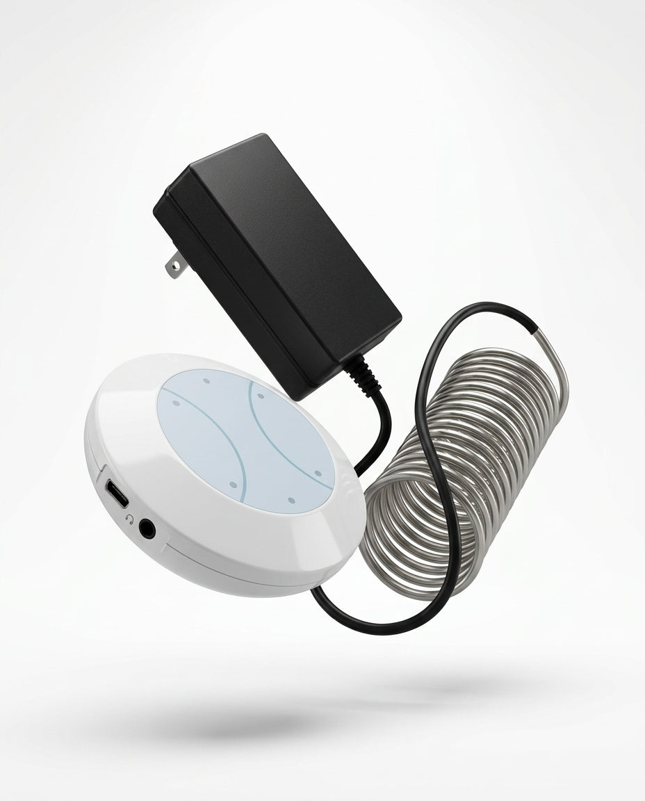 White foot spa machine with power adapter and coiled hose, studio shot on white