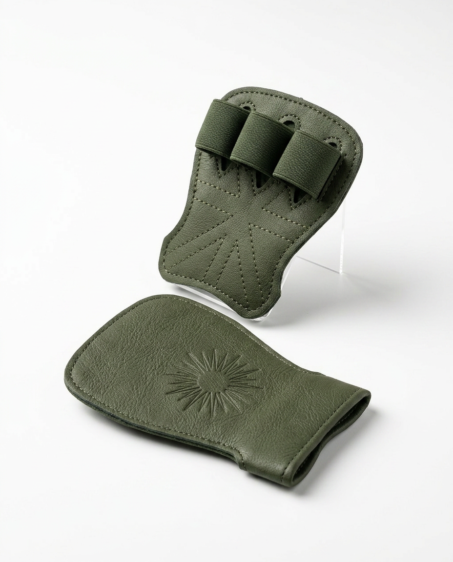 Pair of army green leather grip pads with finger loops on white