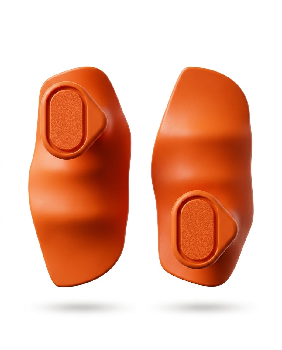 Pair of orange silicone weightlifting grip pads on white studio background