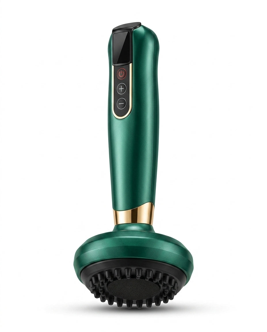 Green handheld electric cupping massager with LCD and silicone suction head