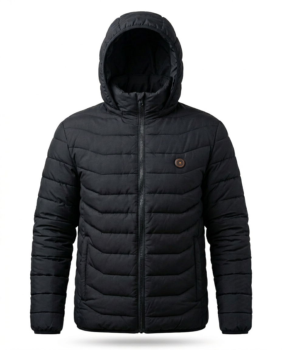 Black quilted USB heated winter jacket with hood, studio shot on white
