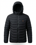 Black quilted USB heated winter jacket with hood, studio shot on white