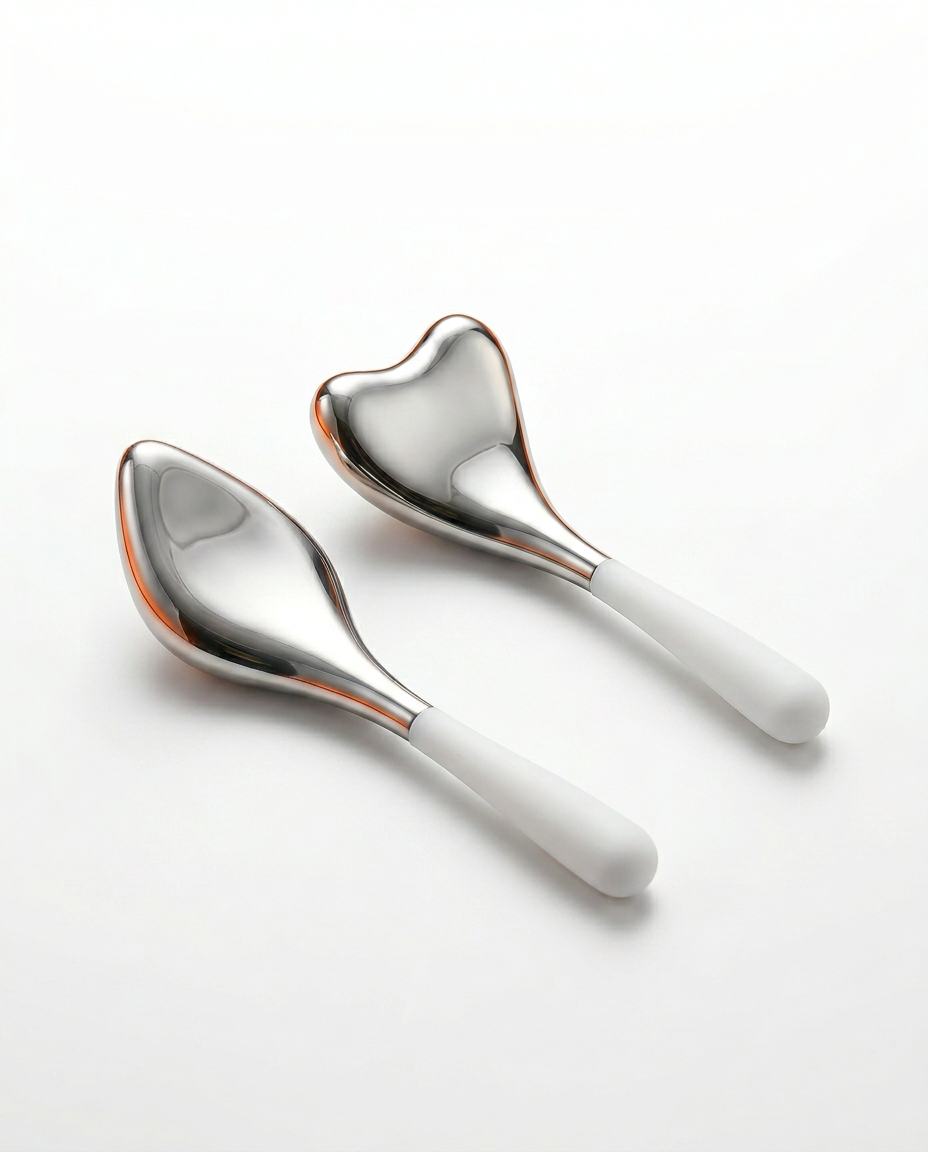 Heart and teardrop stainless steel cooling eye massage tools with white silicone handles