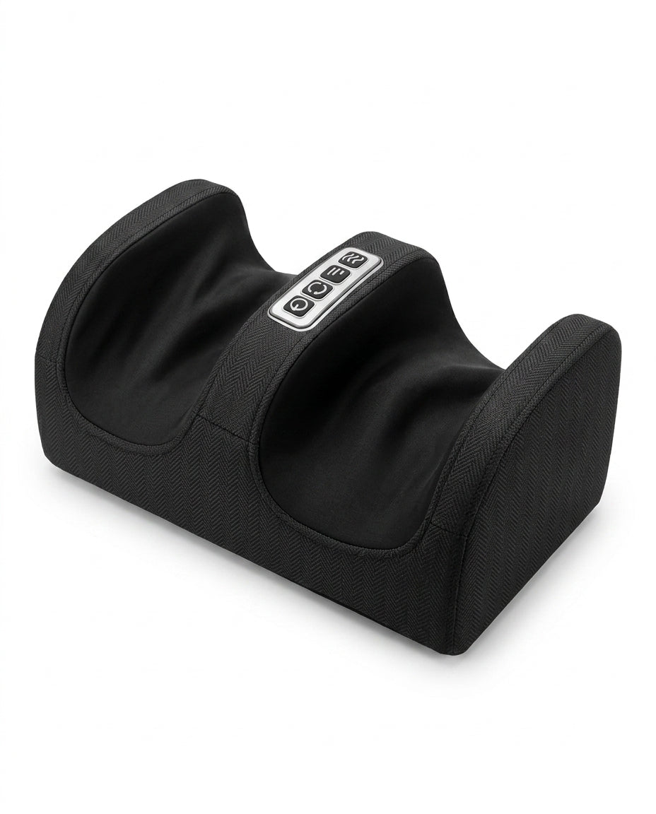 Black dual-cavity shiatsu foot massager with heat, studio shot on white