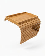Foldable slatted bamboo couch arm tray with removable raised-edge tray