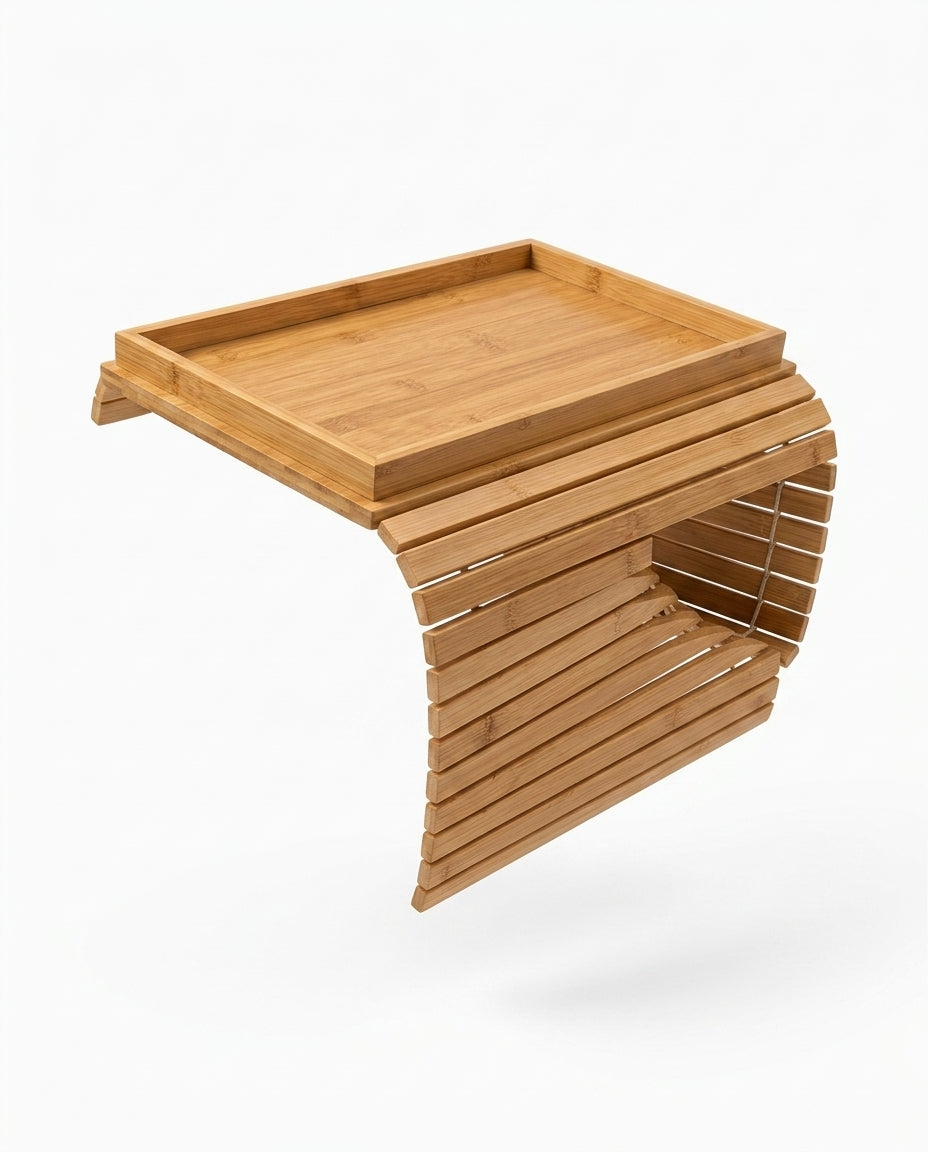 Foldable slatted bamboo couch arm tray with removable raised-edge tray