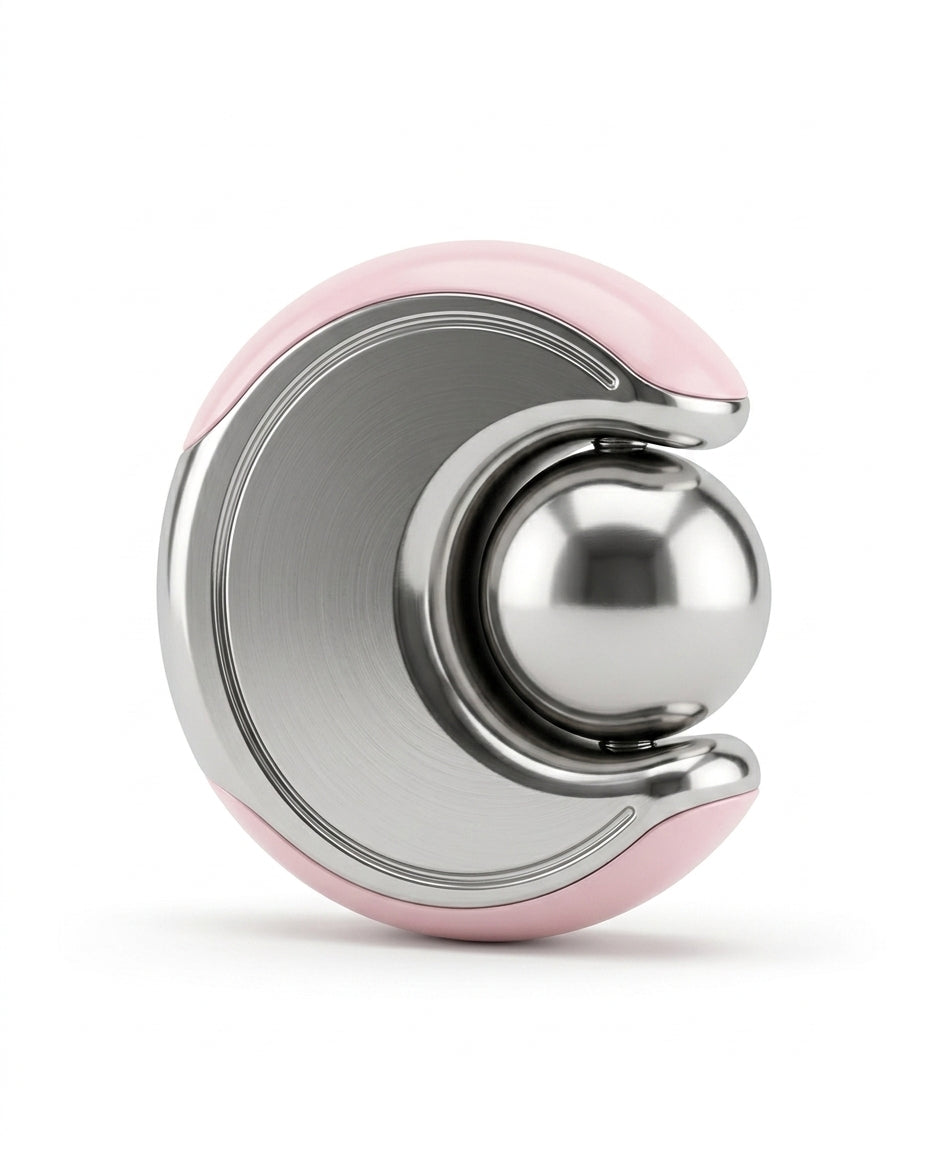 Cold facial reset device with stainless steel rolling sphere and pink trim on white