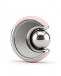 Cold facial reset device with stainless steel rolling sphere and pink trim on white