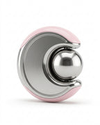 Cold facial reset device with stainless steel rolling sphere and pink trim on white