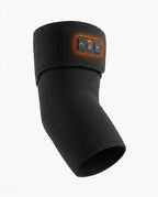 Black heated compression elbow sleeve with three-button control, studio shot on white