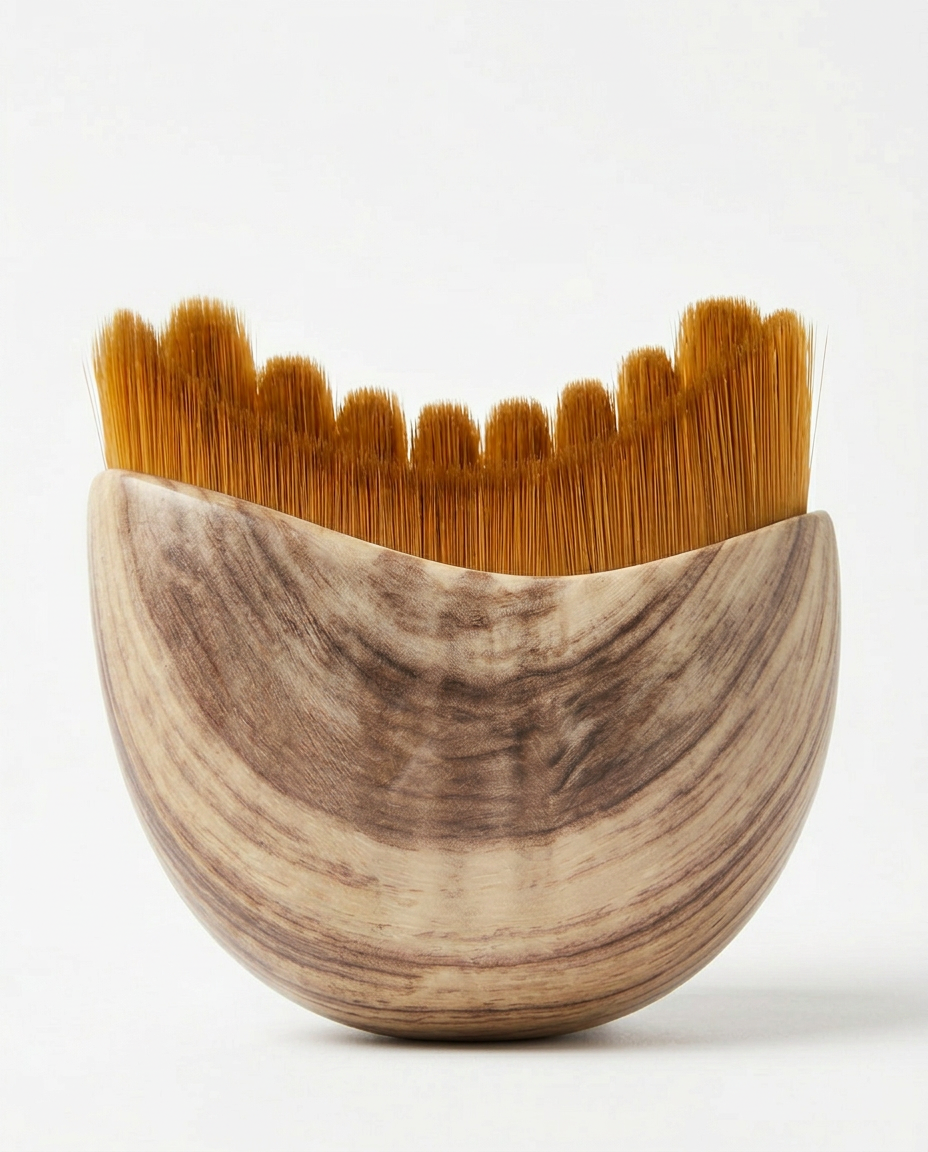 Wooden facial ritual comb seen from the back three-quarter angle showing the grain