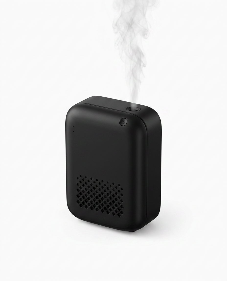 Black smart essential oil diffuser releasing a plume of mist, studio shot