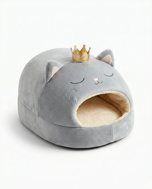 Grey cat foot warmer with gold crown, plush massager packshot