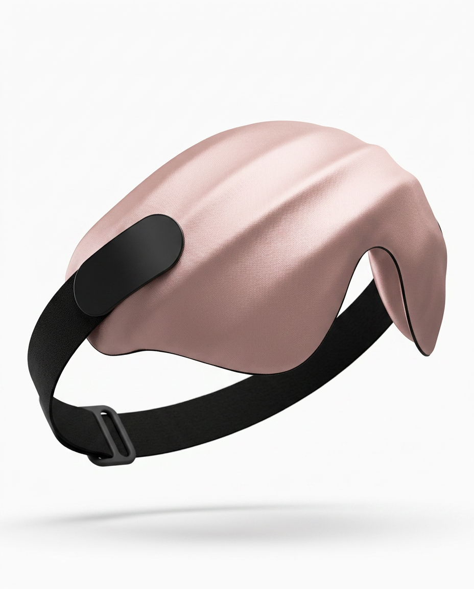 Pink mulberry silk sleep mask with adjustable black elastic strap