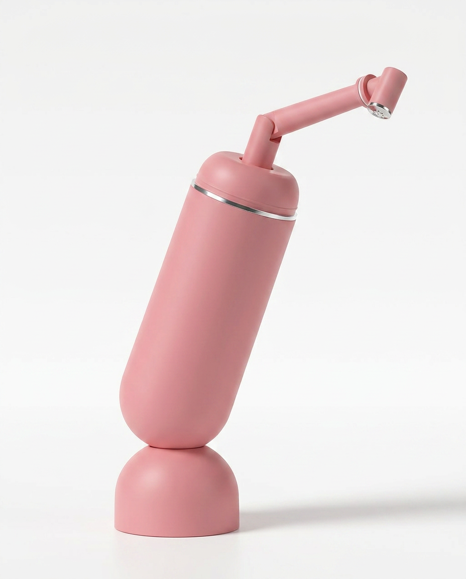 Pink travel bidet bottle standing upright with angled spray nozzle attached