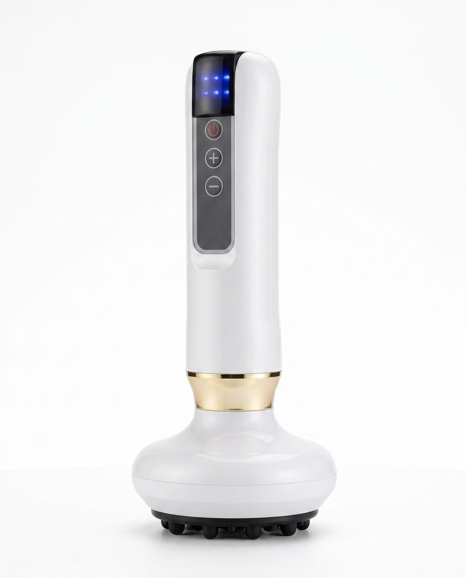 White handheld electric cupping massager standing on a suction cup base