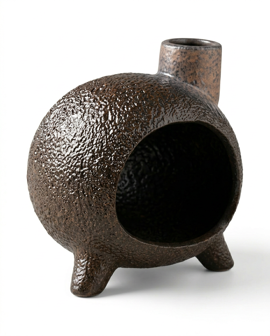 Three-quarter angle of the textured bronze ceramic ritual burner on white