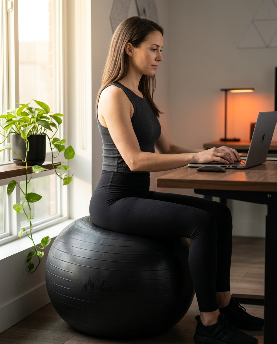 Woman sitting on a black balance ball working at a home office desk