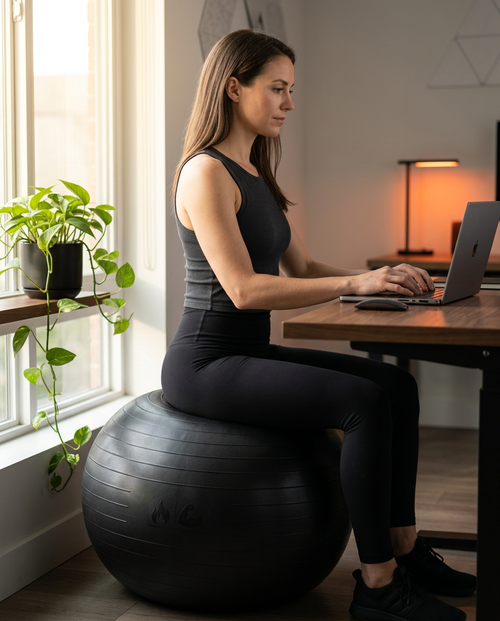 Woman sitting on a black balance ball working at a home office desk