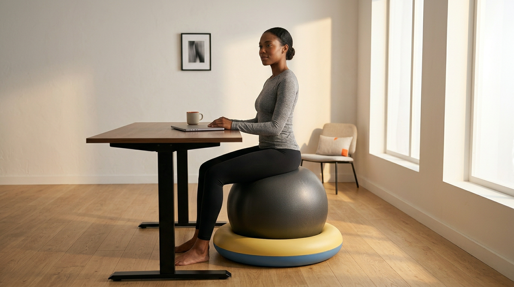 Woman active-sitting on an exercise ball in the stability ring while working at a desk