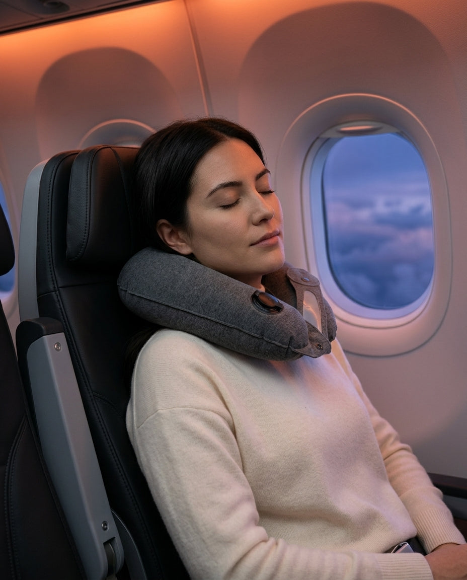 Woman sleeping by an airplane window wearing the grey travel neck pillow