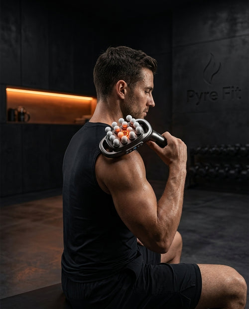 Man using the 16-head deep tissue massager on his shoulder in a dark gym