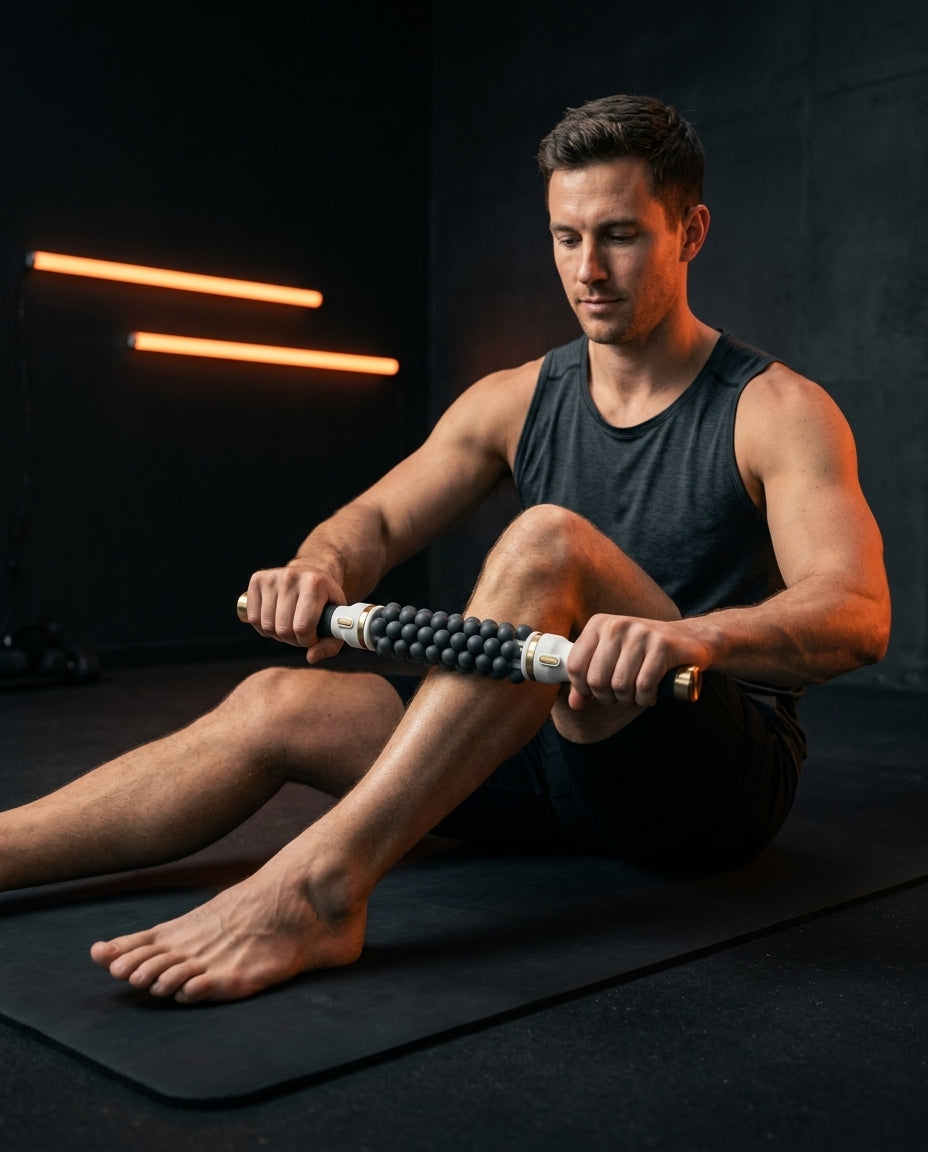 Athlete rolling the massage stick along his calf on a gym mat