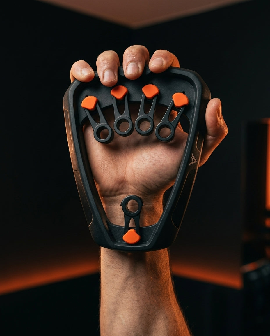 Athlete gripping the finger trainer in their palm, fingers on the orange buttons