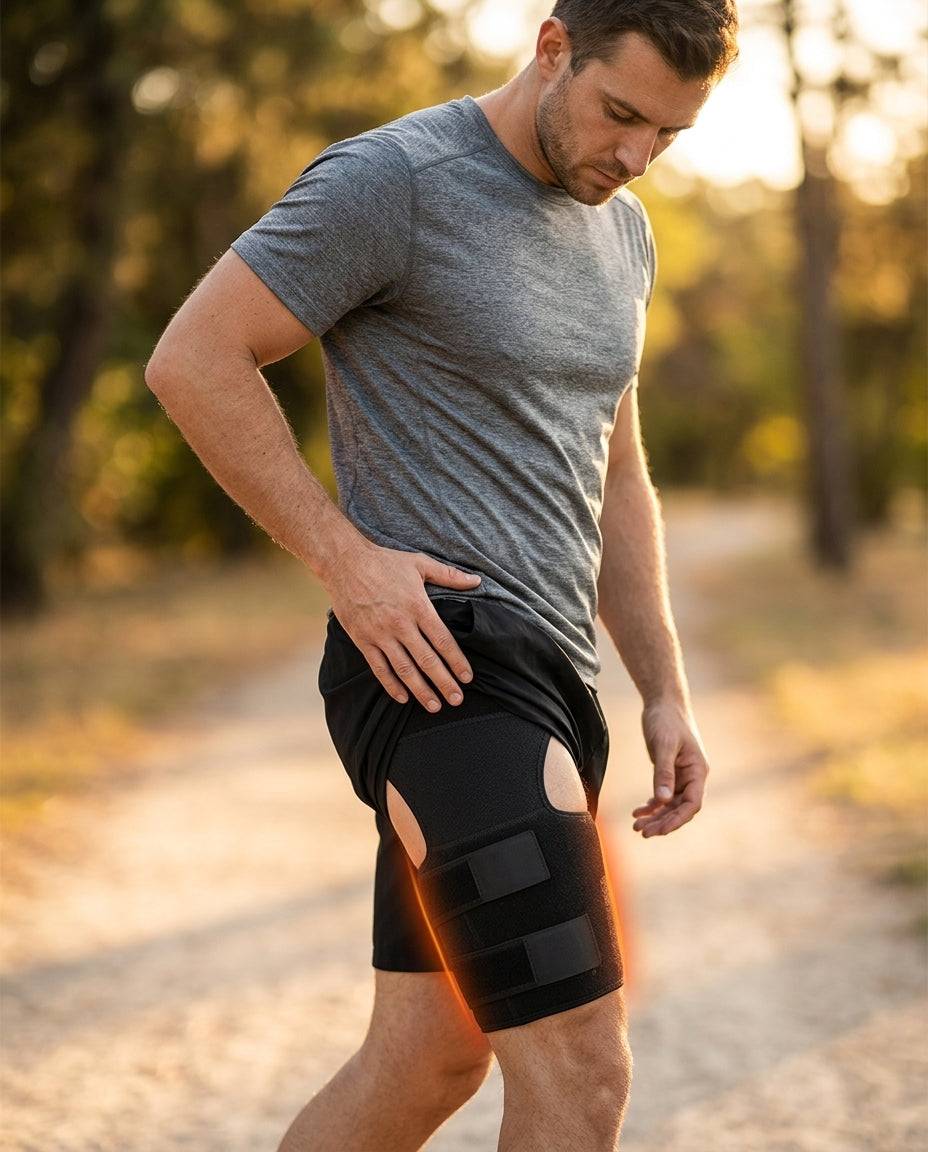 Male runner outdoors wearing the hip support wrap on his thigh