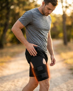 Male runner outdoors wearing the hip support wrap on his thigh
