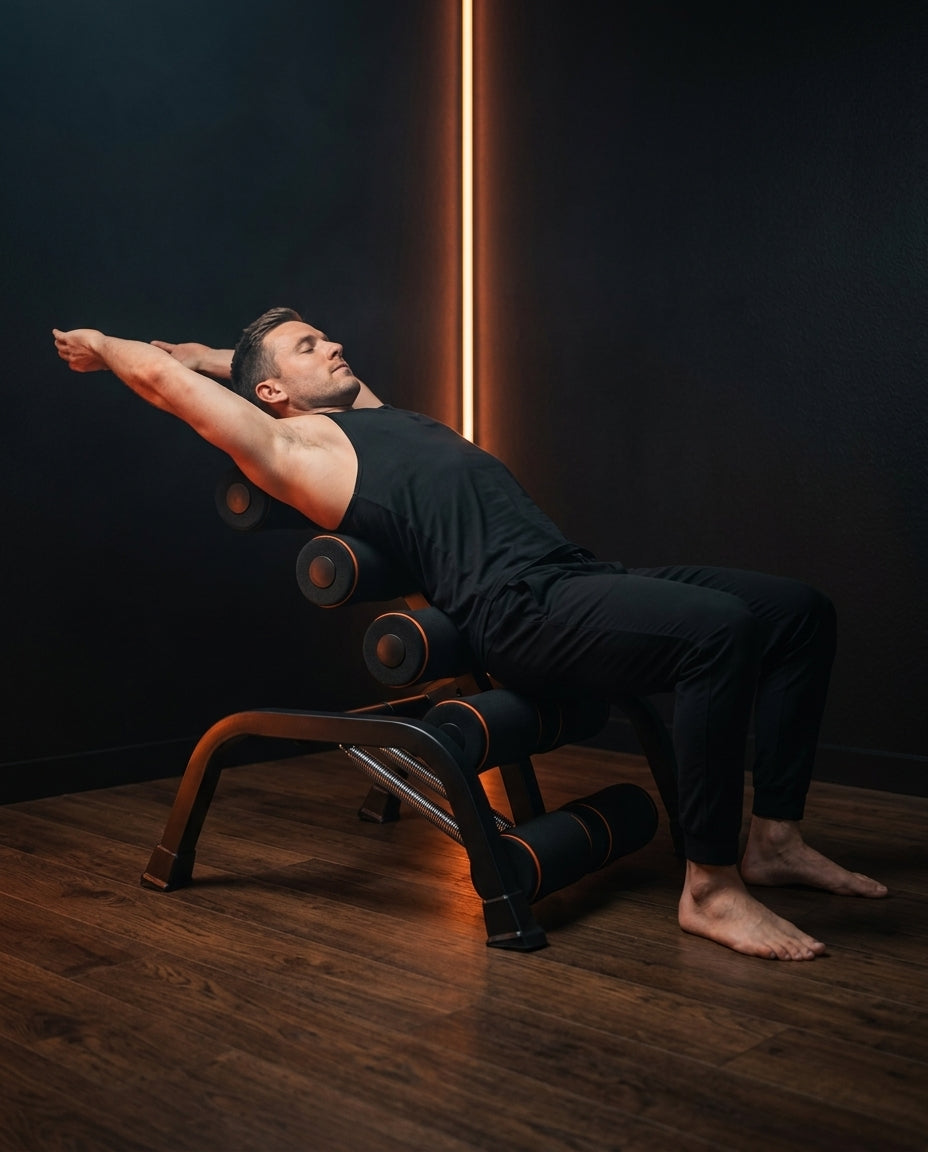 Man doing a back extension stretch on the training bench in a dim room