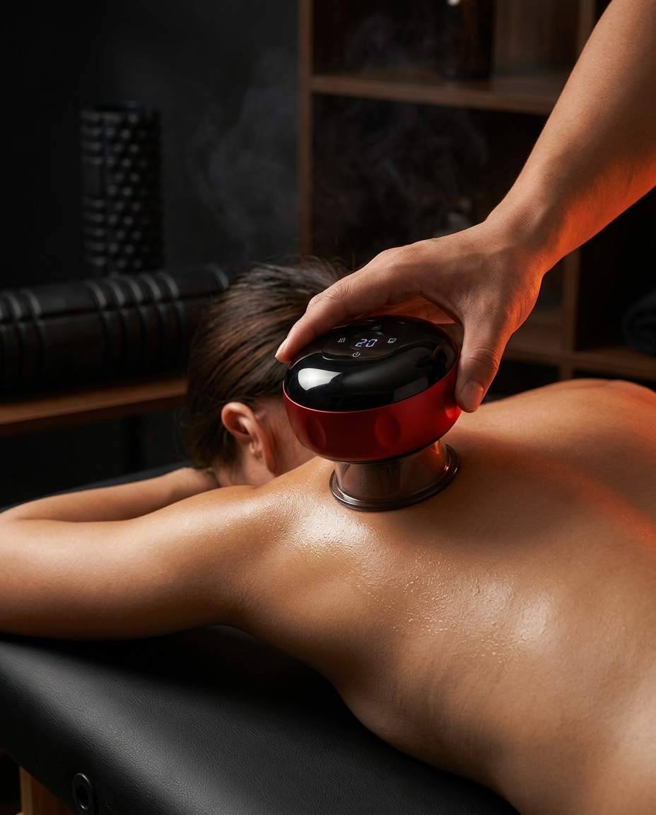 Therapist gliding the heated cupping massager across a woman's oiled back