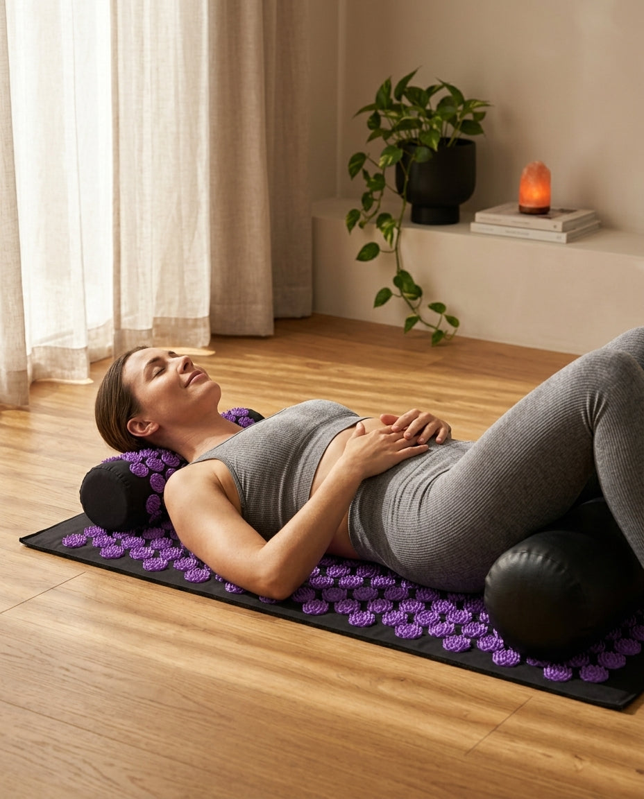 Woman lying back on the purple acupressure mat and bolster at home