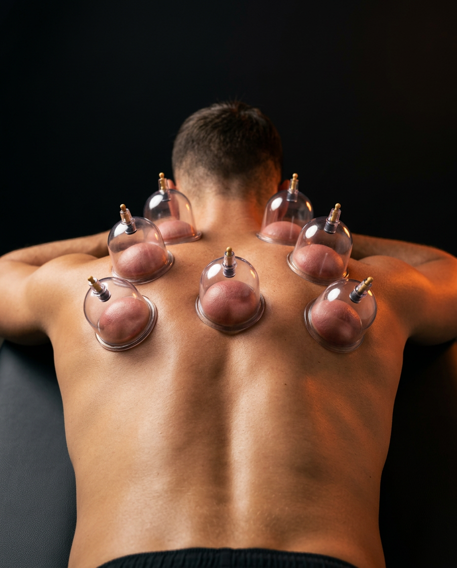 Man's back covered with suction cupping cups during back massage