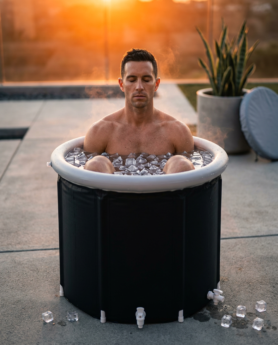 Man cold plunging in the ice bath tub on a sunlit backyard patio at dusk