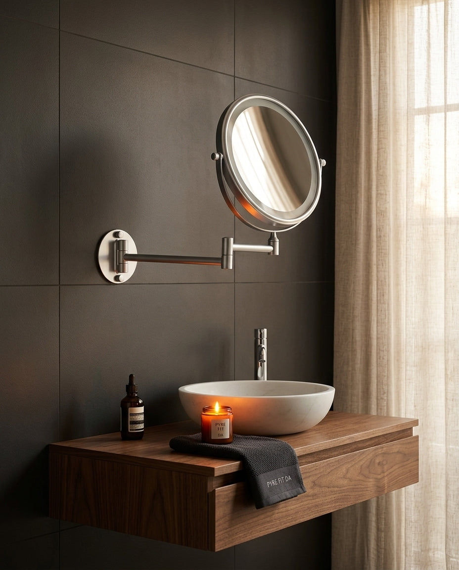 Wall-mounted vanity mirror above a wood vanity in a dark modern bathroom