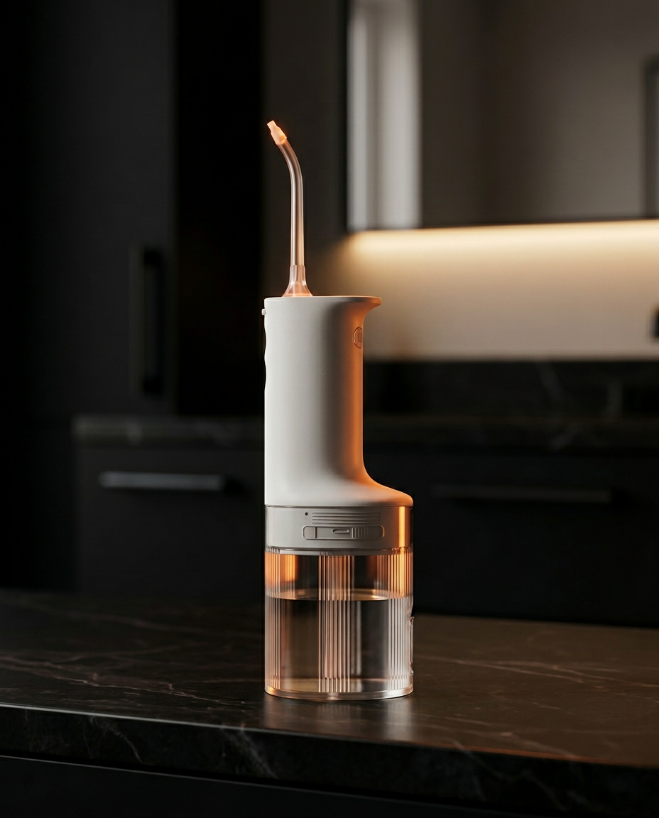 Portable water flosser standing on a dark marble bathroom counter