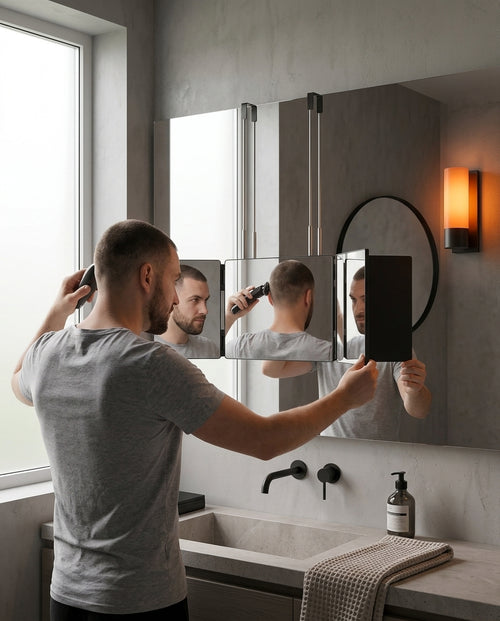 Man trimming his hair using the trifold 360-degree mirror in a modern bathroom