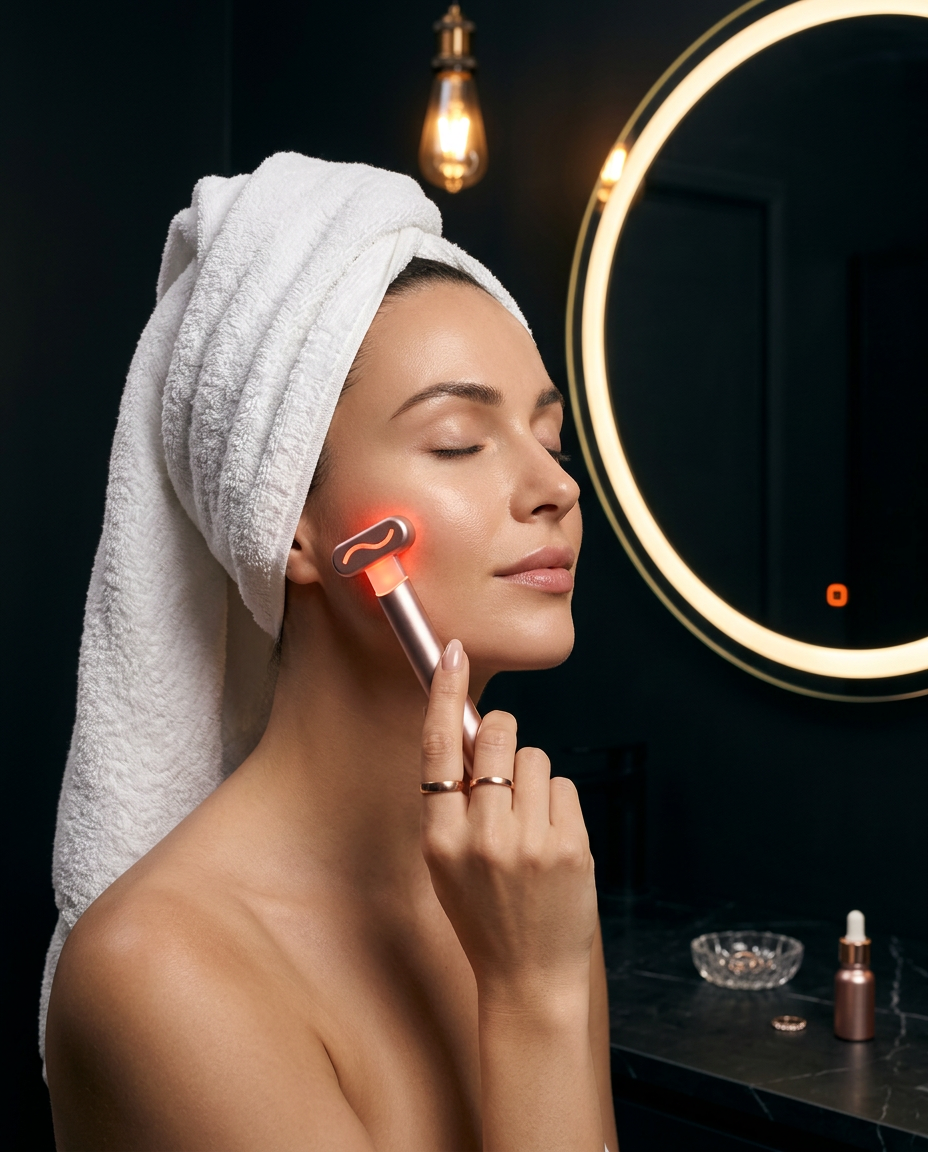 Woman in a bathroom using the rose gold red light wand on her cheek