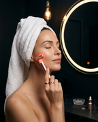 Woman in a bathroom using the rose gold red light wand on her cheek