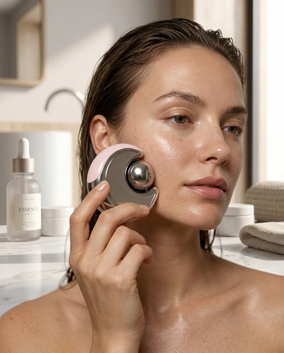 Woman gliding the cold facial reset tool along her cheek in a bright bathroom