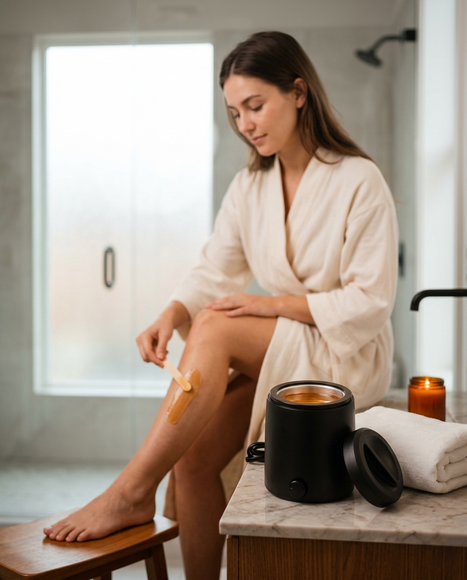 Woman in a robe waxing her leg beside the wax warmer in a bright bathroom