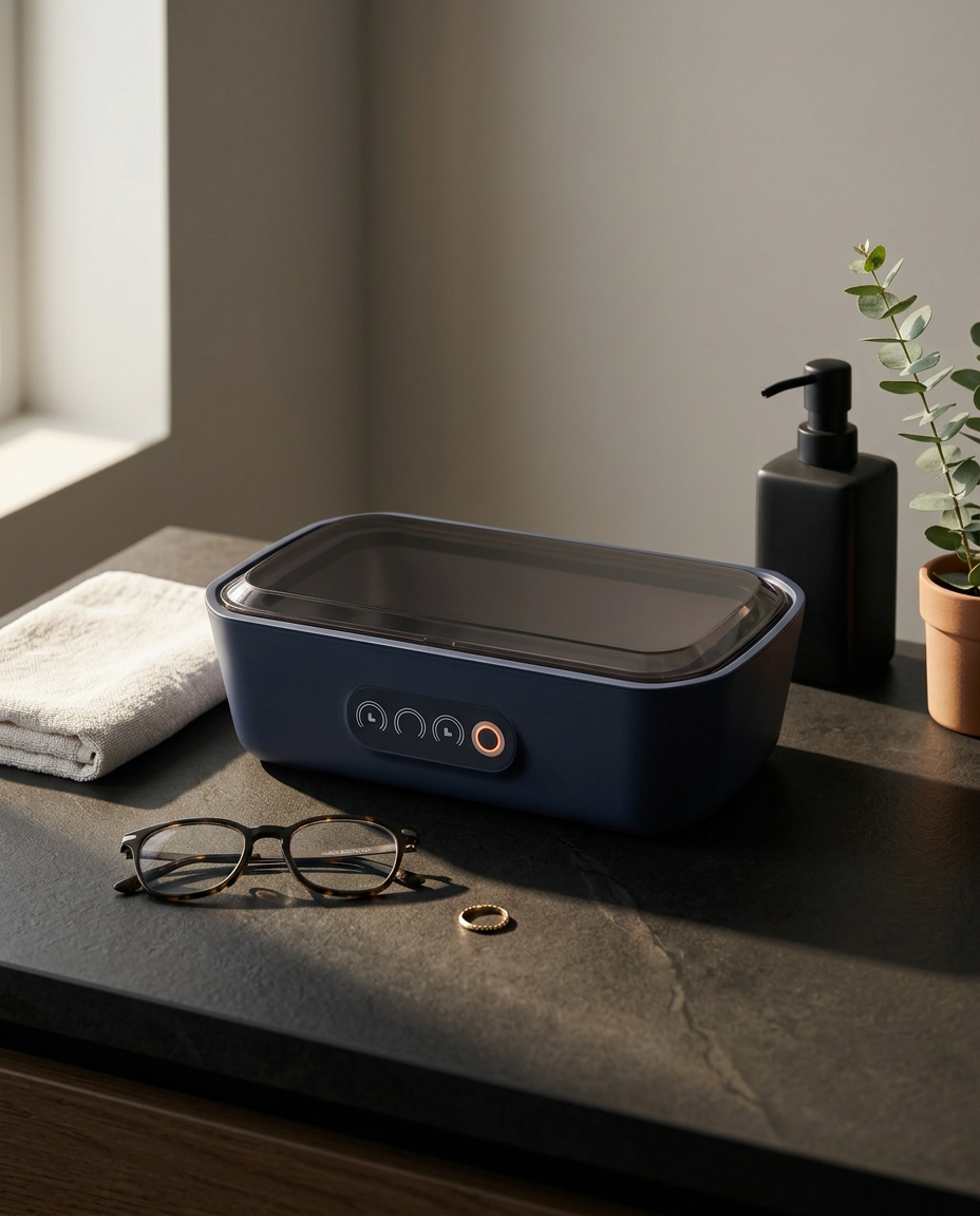 Ultrasonic cleaner on a dark bathroom vanity beside glasses and a ring