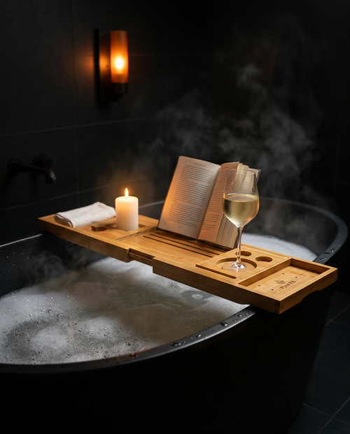 Bamboo caddy across a candlelit bathtub holding a book and wine glass