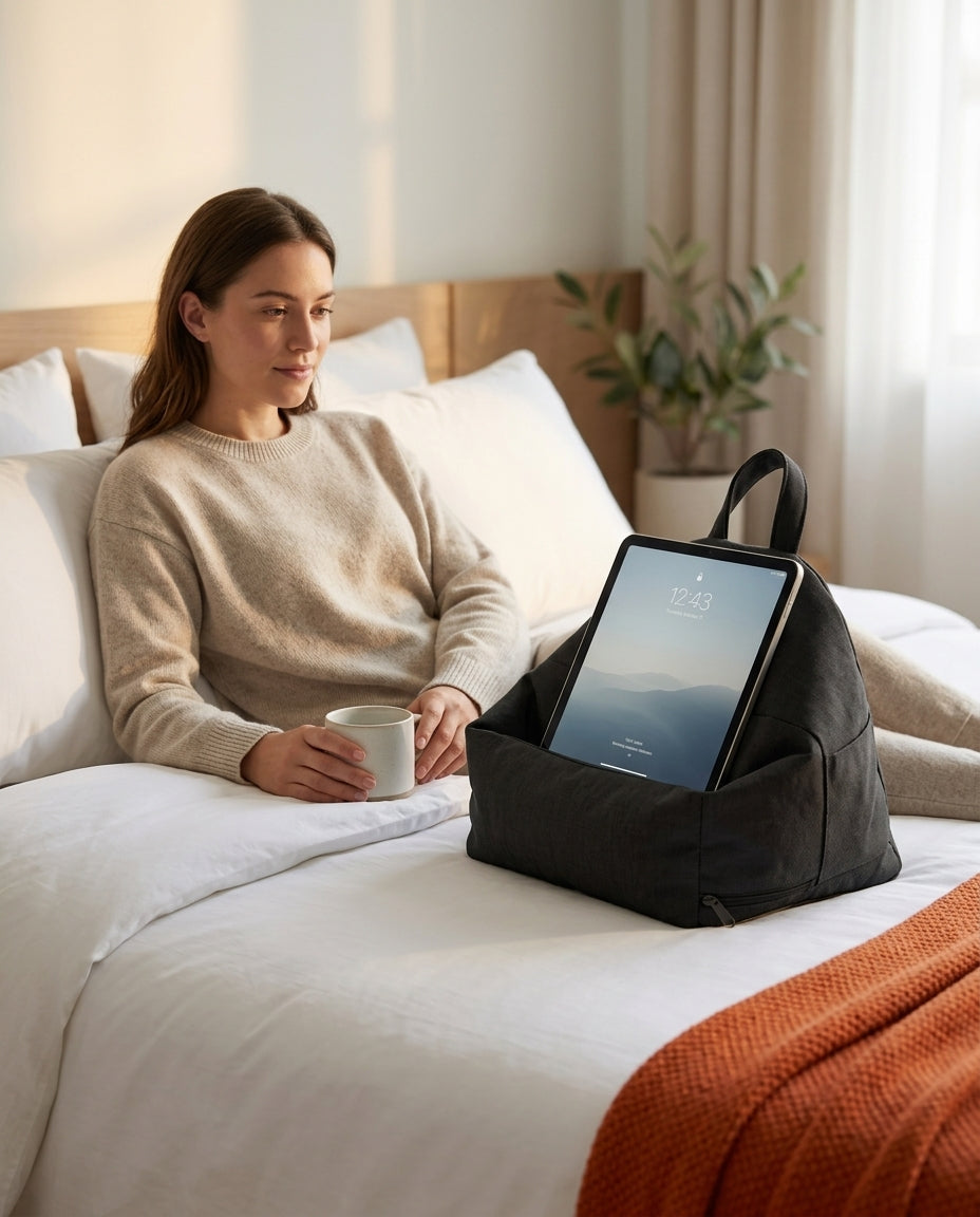 Woman relaxing in bed watching a tablet propped on the dark grey stand pillow