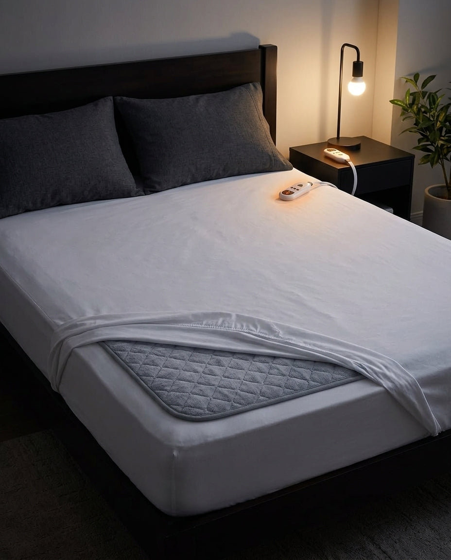 Quilted heated mattress pad on a bed with its controller on the nightstand at night