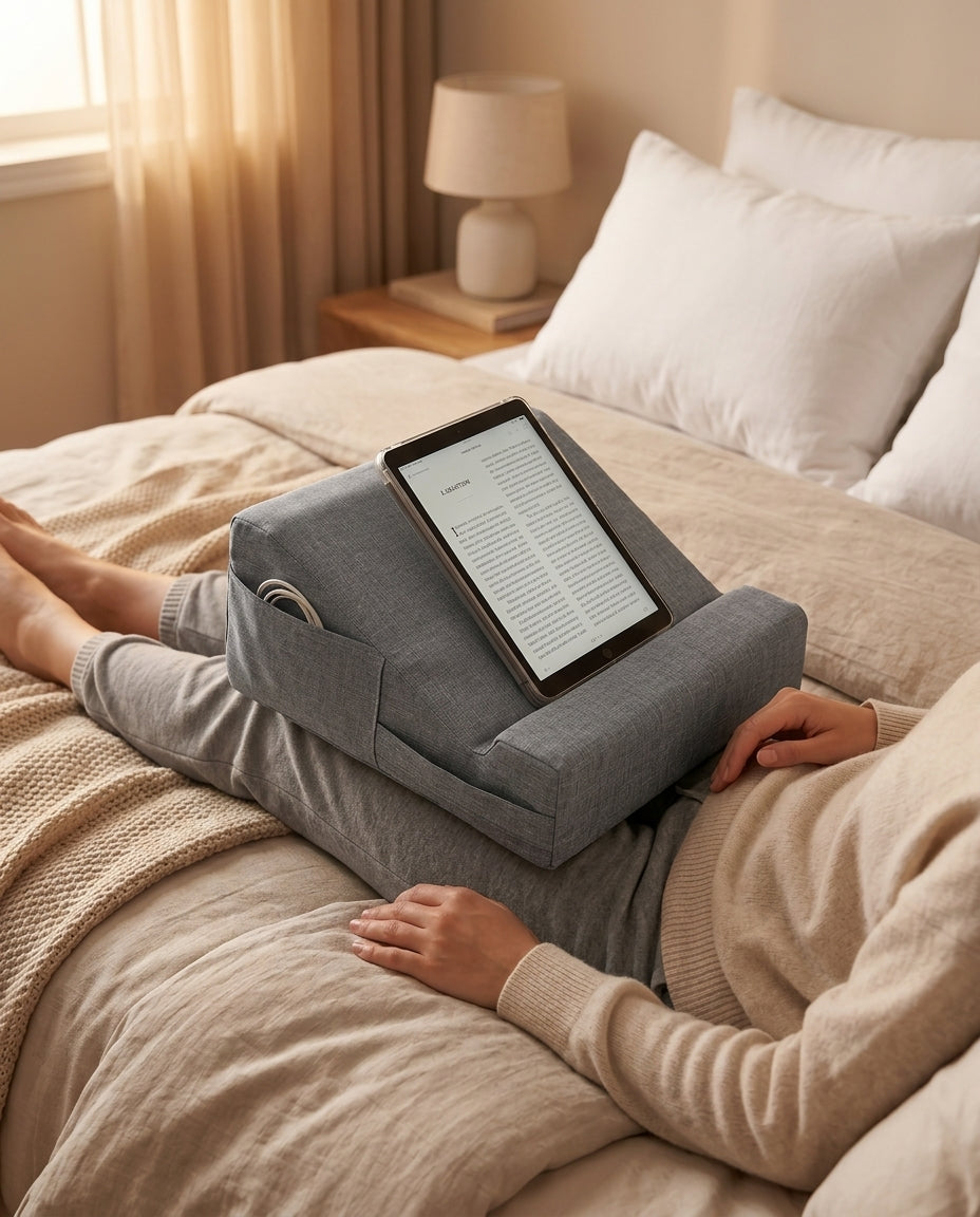 Grey support pillow holding a tablet on a person's lap in bed